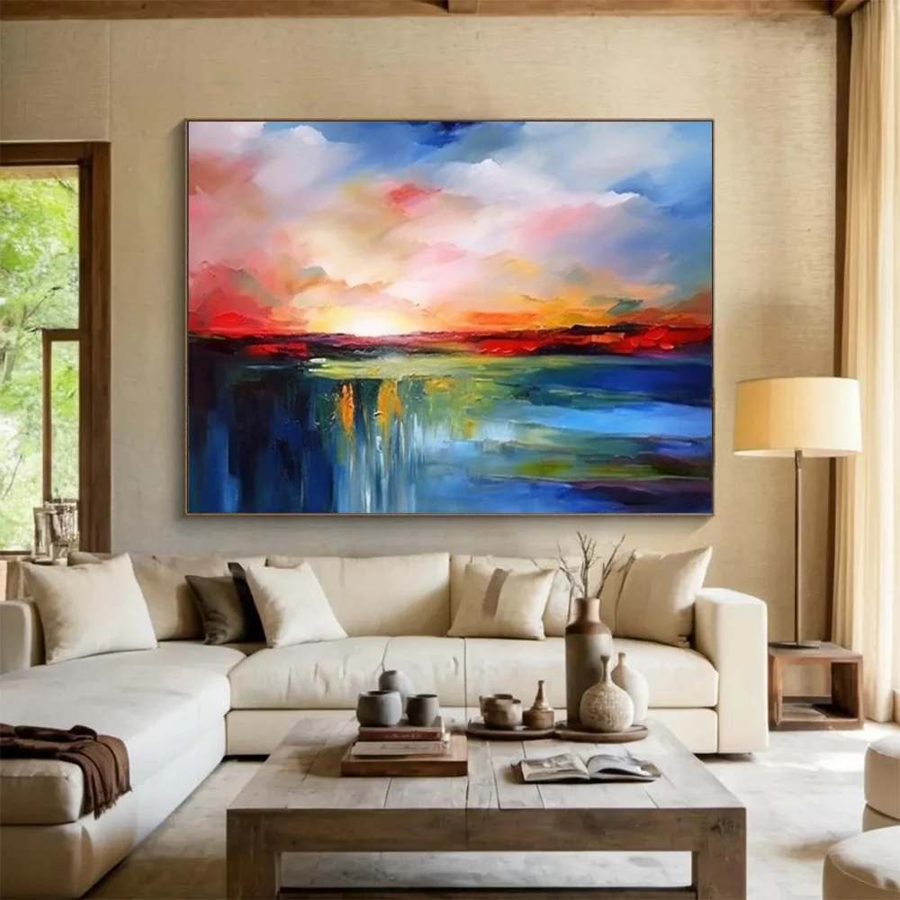 White Original Hand-painted Sunset Colorful Blue Abstract Artwork AK4I0